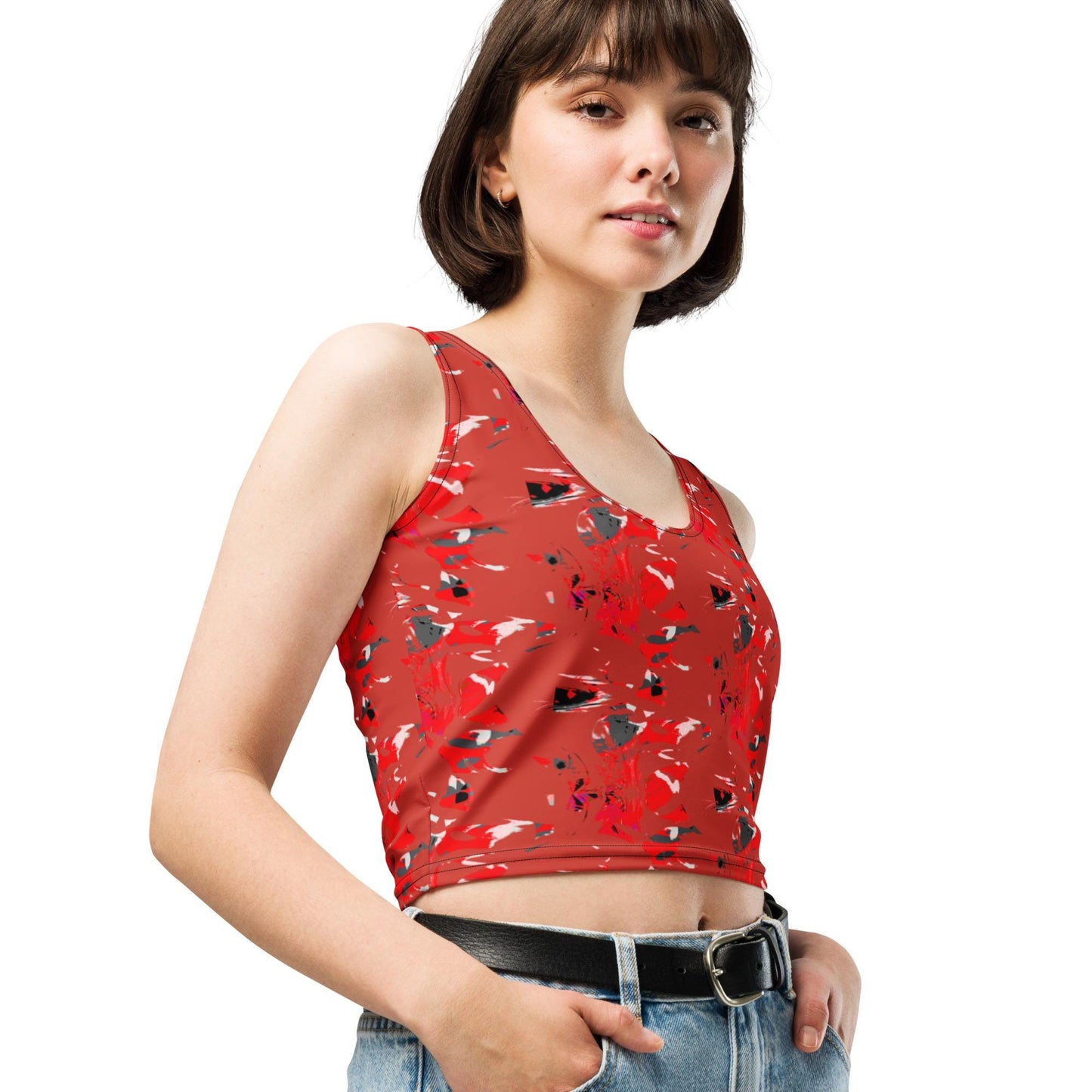 Abstract Print Crop Top: Red, Black, Modern Art Style