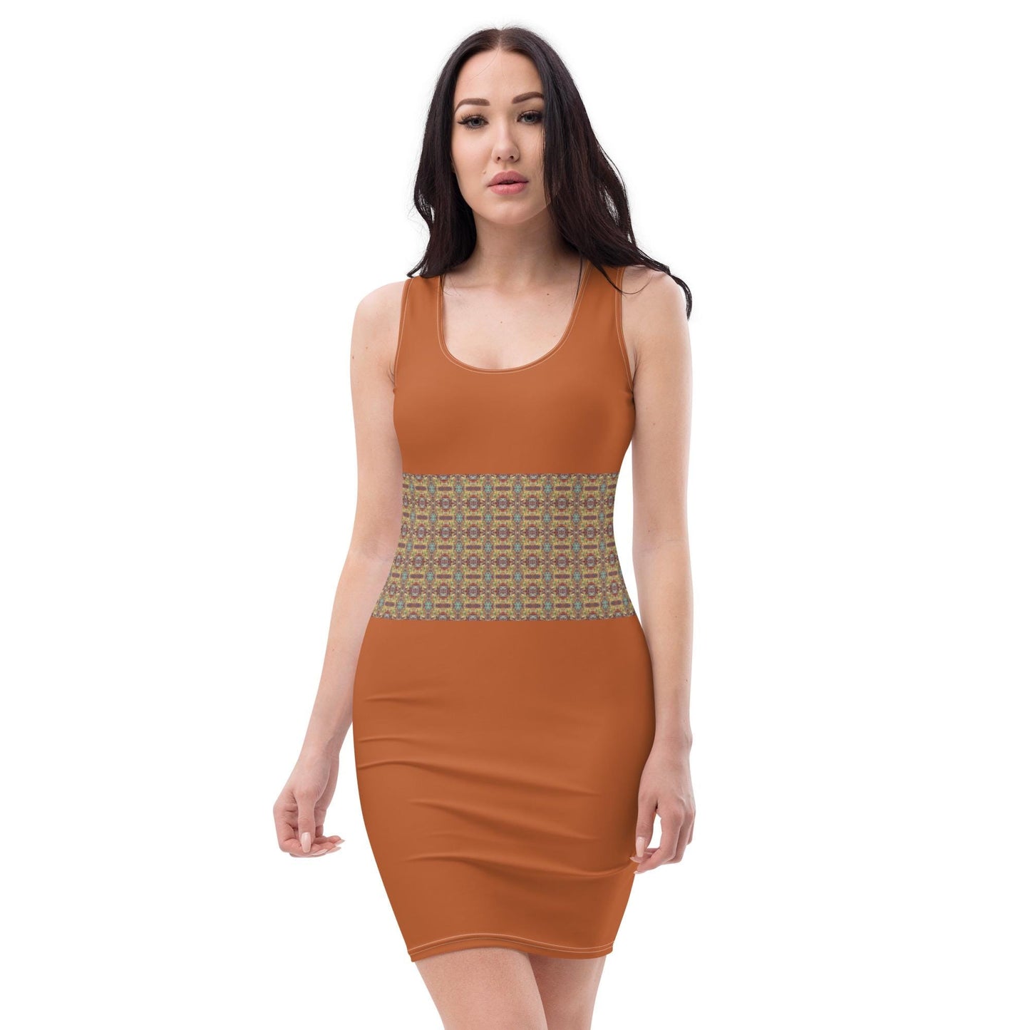 Orange Bodycon Dress: Striped Waistband, Stretchy Fitted Fabric