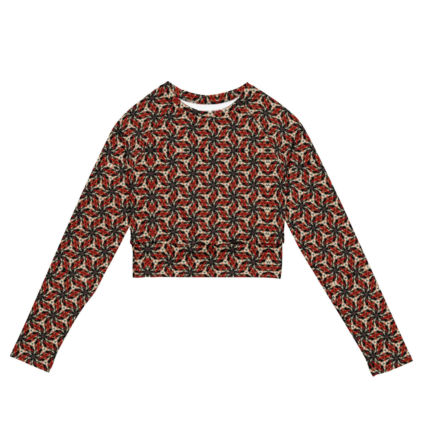 Recycled long-sleeve crop top, Vintage-Inspired Geometric Print Long Sleeve Top - Retro Style Women's Blouse
