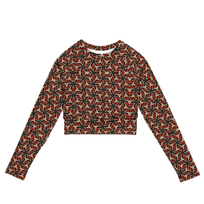 Recycled long-sleeve crop top, Vintage-Inspired Geometric Print Long Sleeve Top - Retro Style Women's Blouse