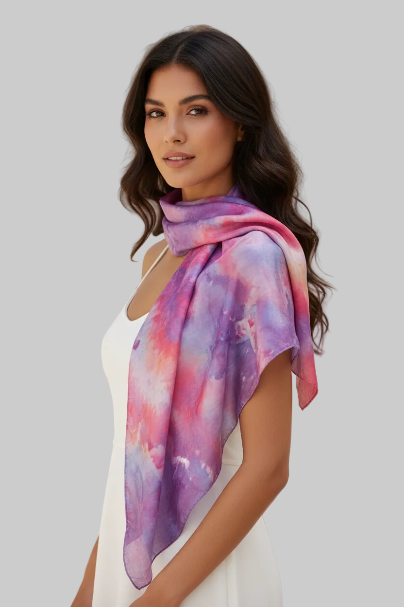 Icedye Silk Scarf: Purple & Blue Square Shawl