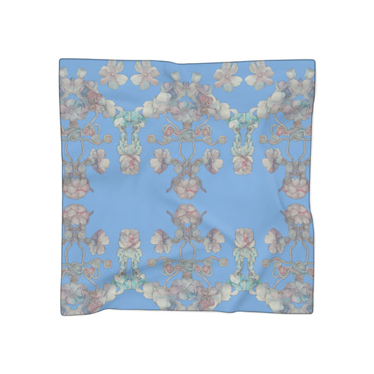 Floral Blue Silk-Feel Scarf — Romantic Vintage Blossom Print