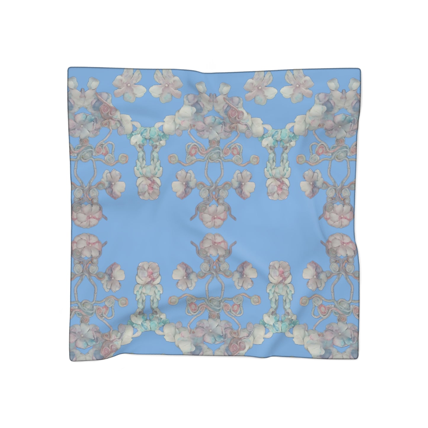 Floral Blue Silk-Feel Scarf — Romantic Vintage Blossom Print