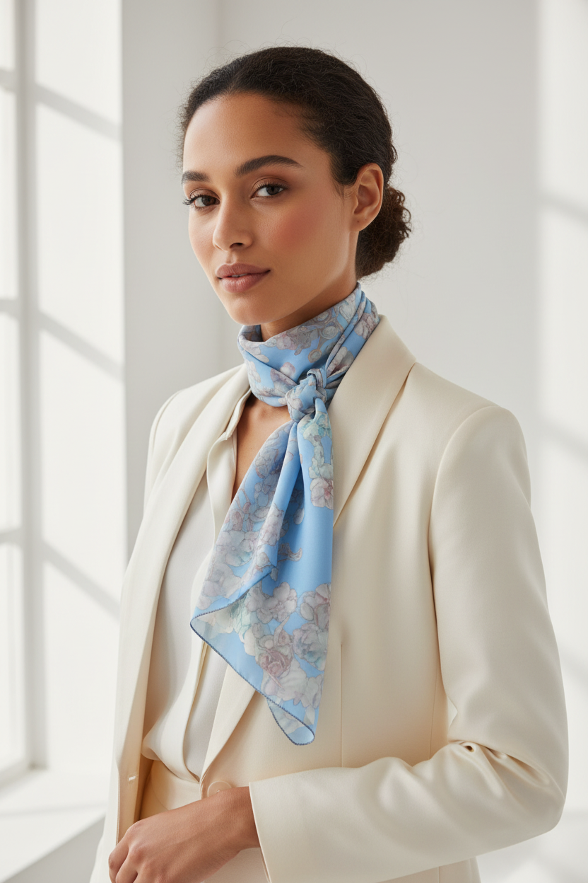 Floral Blue Silk-Feel Scarf — Romantic Vintage Blossom Print