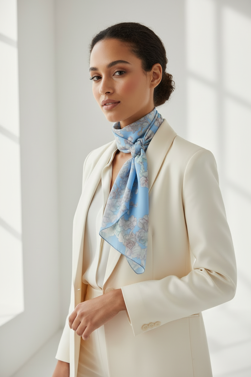Floral Blue Silk-Feel Scarf — Romantic Vintage Blossom Print