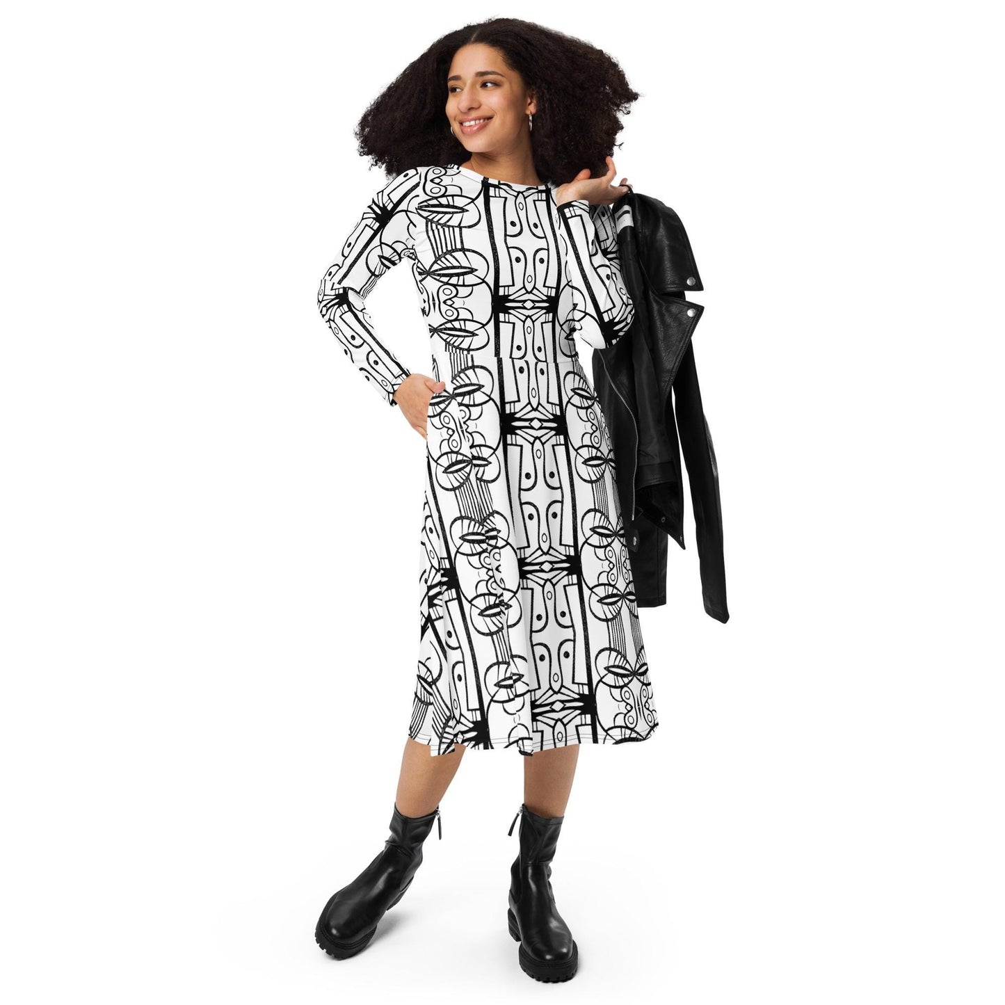 long sleeve midi dress abstract black and white print, casual dress
