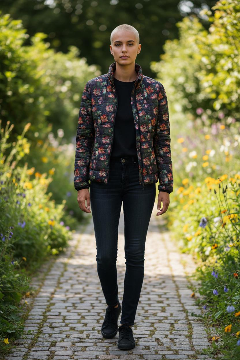 Floral Puffer Jacket, Womens Winter Warm Layer