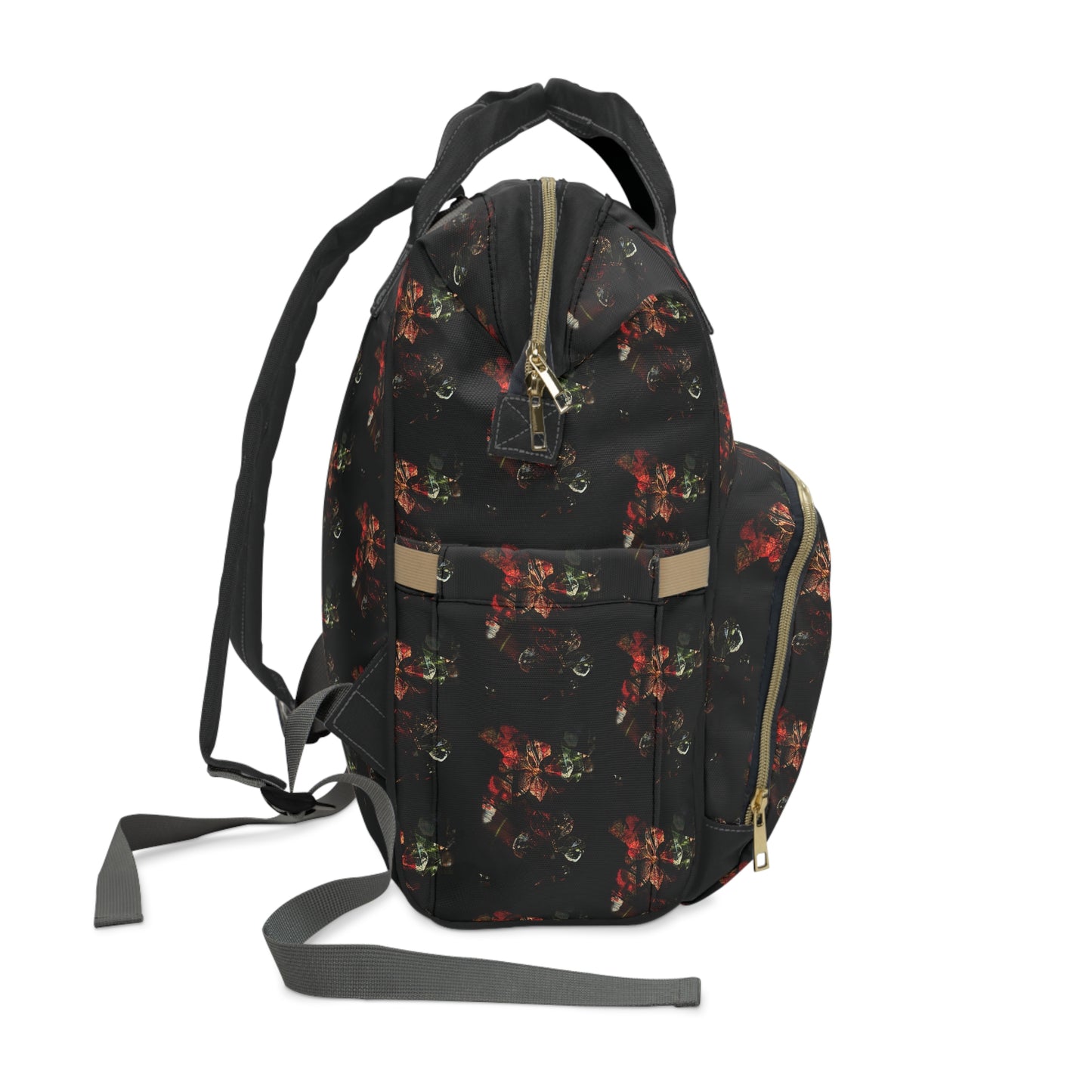 Floral Black Multifunctional Diaper Backpack — Large Travel Nappy Bag with Changing Mat