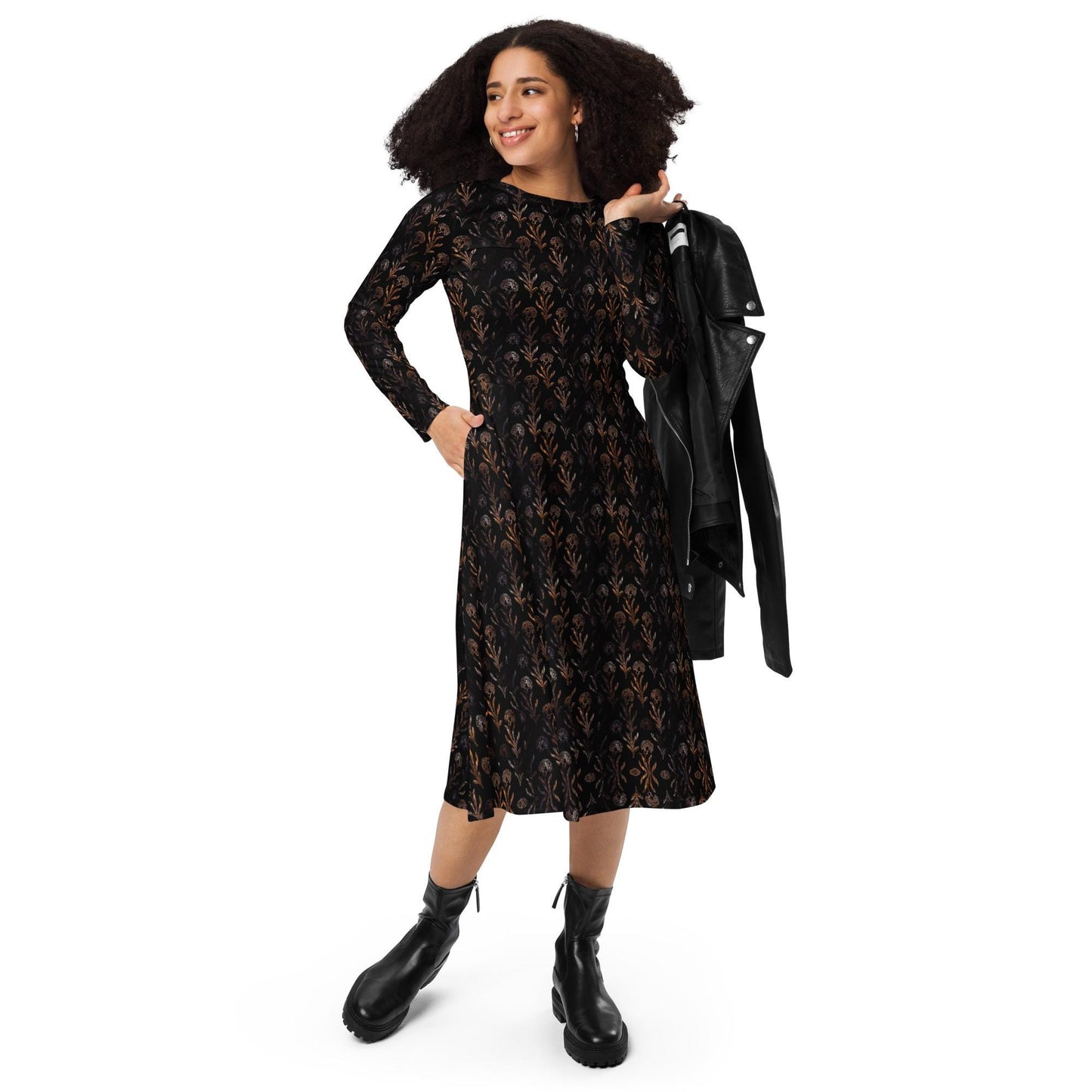 Floral Maxi Dress: Black & Gold Flared Long Sleeve Midi