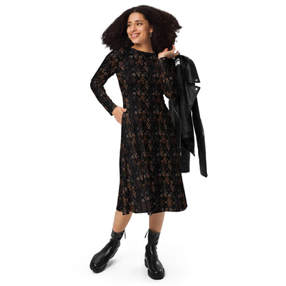 Floral Maxi Dress: Black & Gold Flared Long Sleeve Midi