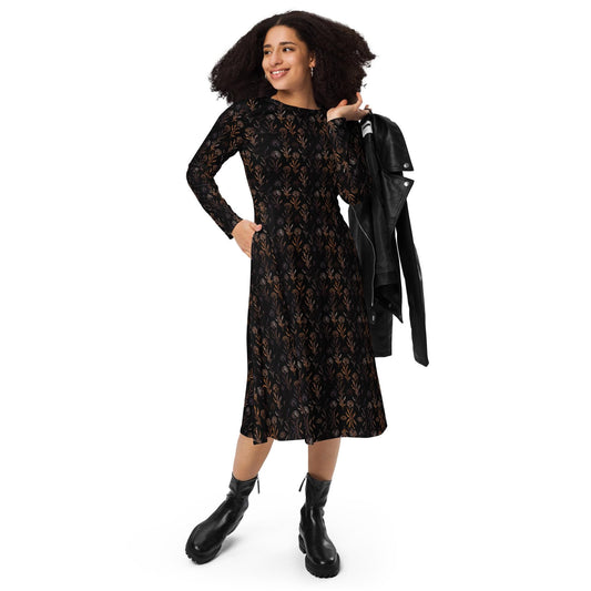 Floral Maxi Dress: Black & Gold Flared Long Sleeve Midi