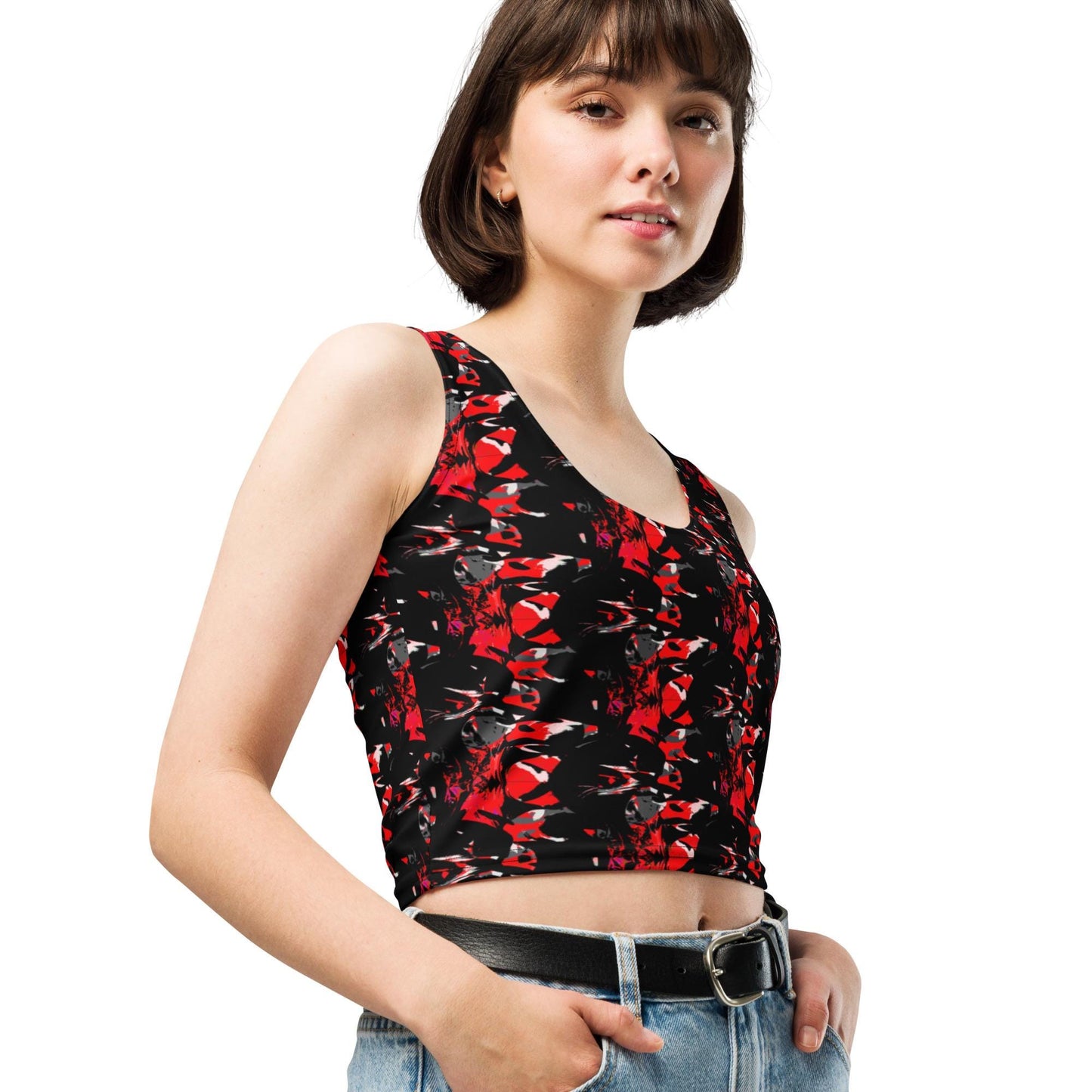 Floral Crop Top: Red & Black Abstract Sleeveless Tank