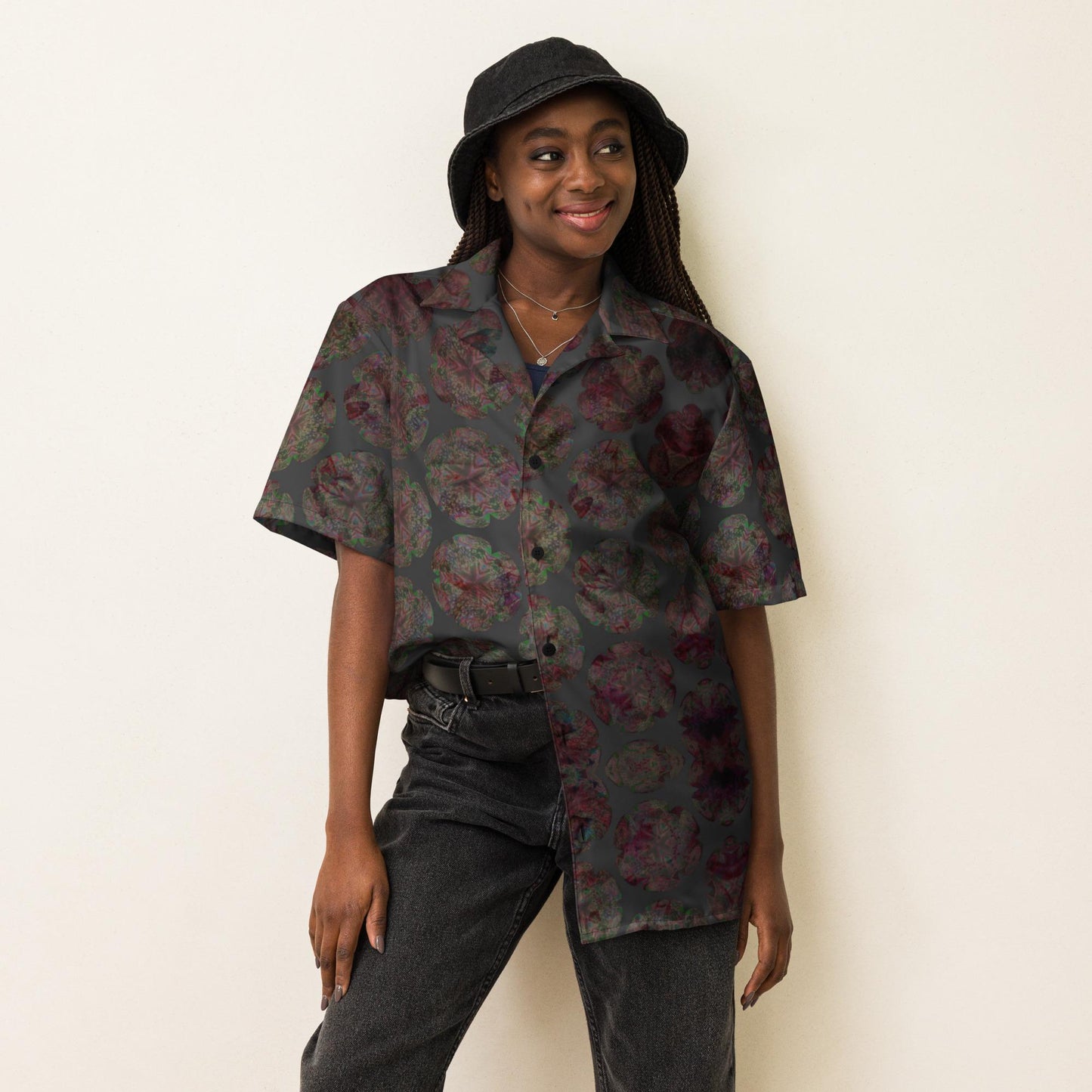 Vintage-Inspired Dark Floral Print Cropped Shirt – Women’s Casual Button-Up Blouse