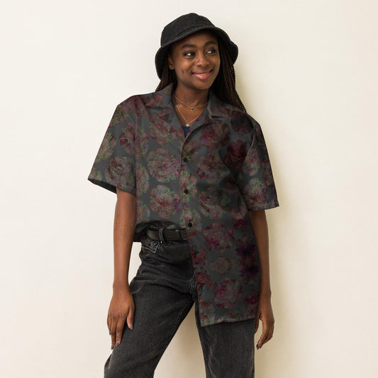 Vintage-Inspired Dark Floral Print Cropped Shirt – Women’s Casual Button-Up Blouse