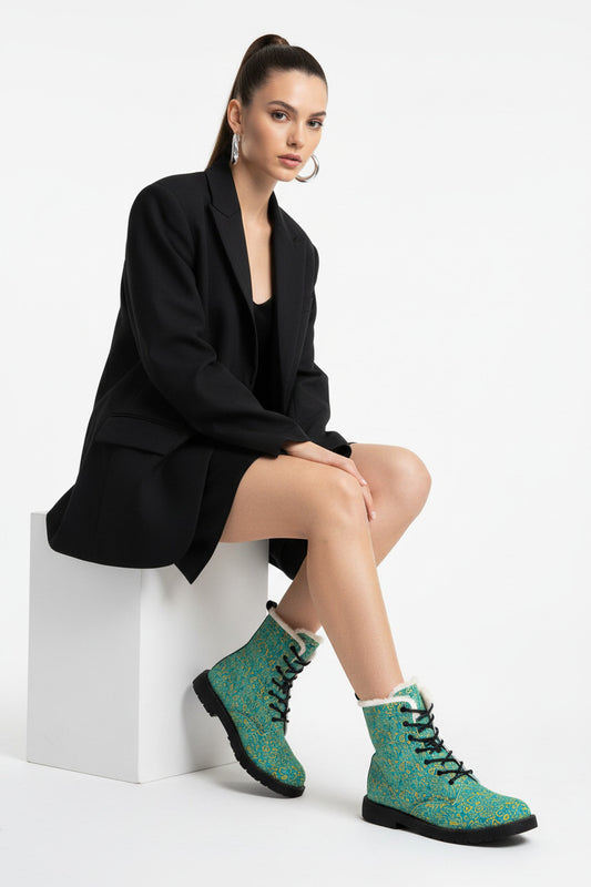 Women's Fur-Lined Leather Boots — Turquoise Floral Pattern Winter Ankle Boots