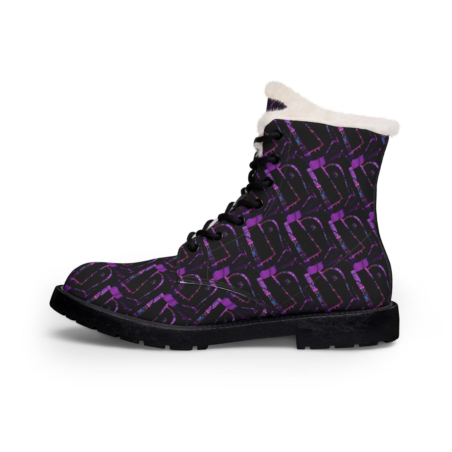 Purple Graffiti Fur-Lined Leather Boots — Women's Cozy Winter Combat Style