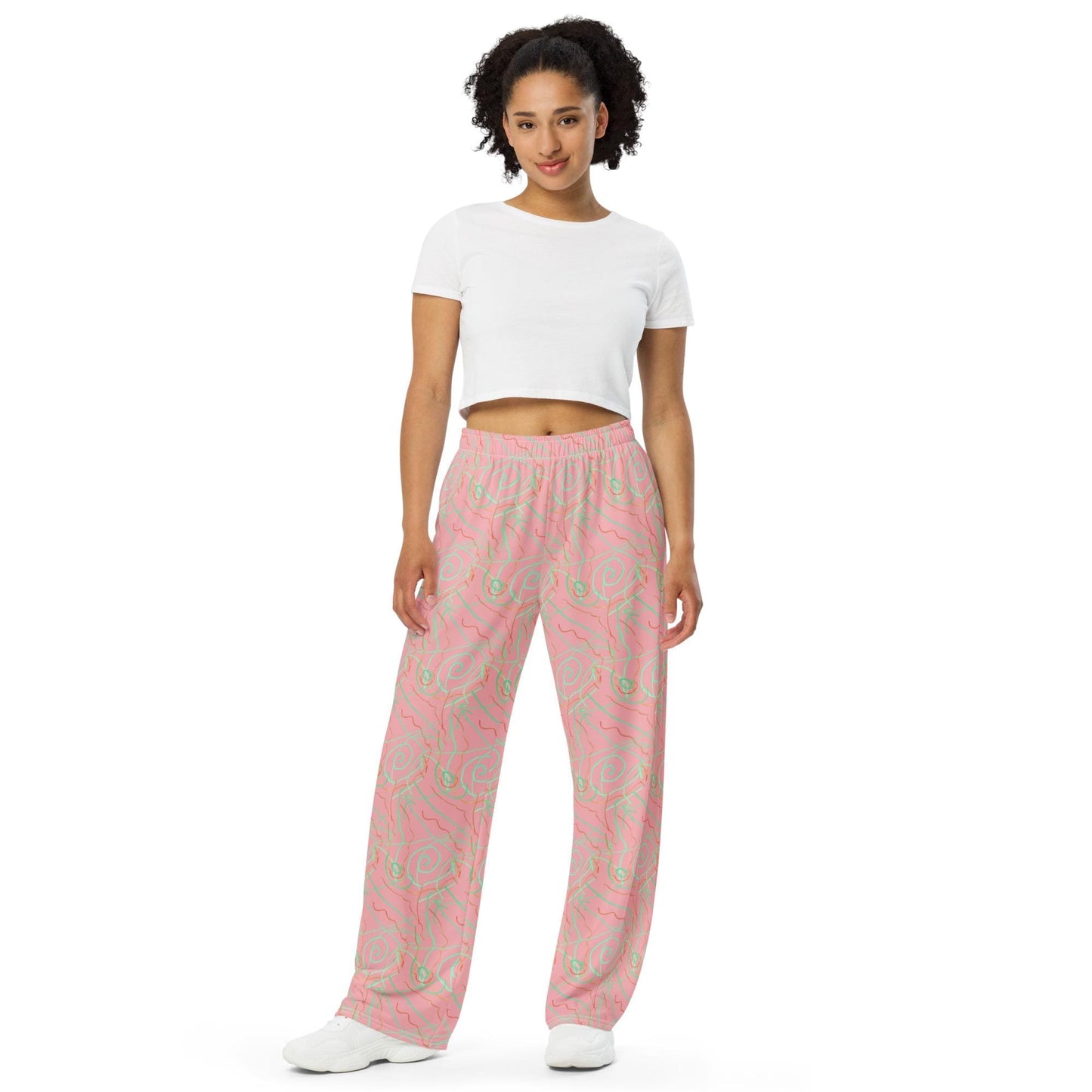 High Waisted Pastel Marble Trousers – Pink and Green Abstract Print Wide Leg Pants