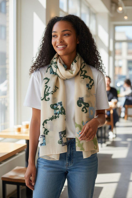 Boho Summer Shawl Wrap: Lightweight Beige Scarf with Puffy Swirls