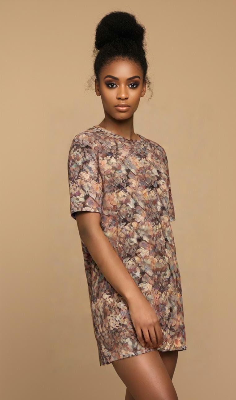 Boho Chic Abstract Print T-Shirt Dress | Earthy Tones Flowy Oversized Tee
