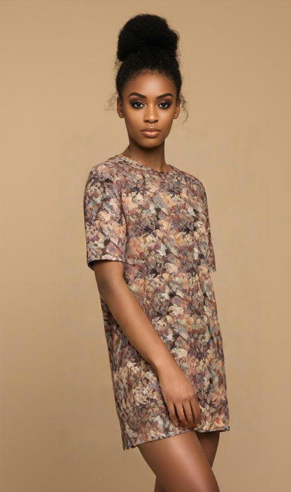 Boho Chic Abstract Print T-Shirt Dress | Earthy Tones Flowy Oversized Tee