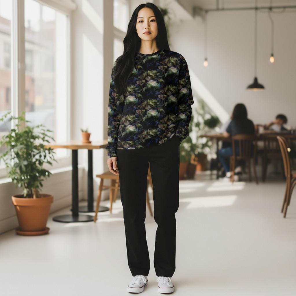 Chic Black Jumper with White Rose Floral Design