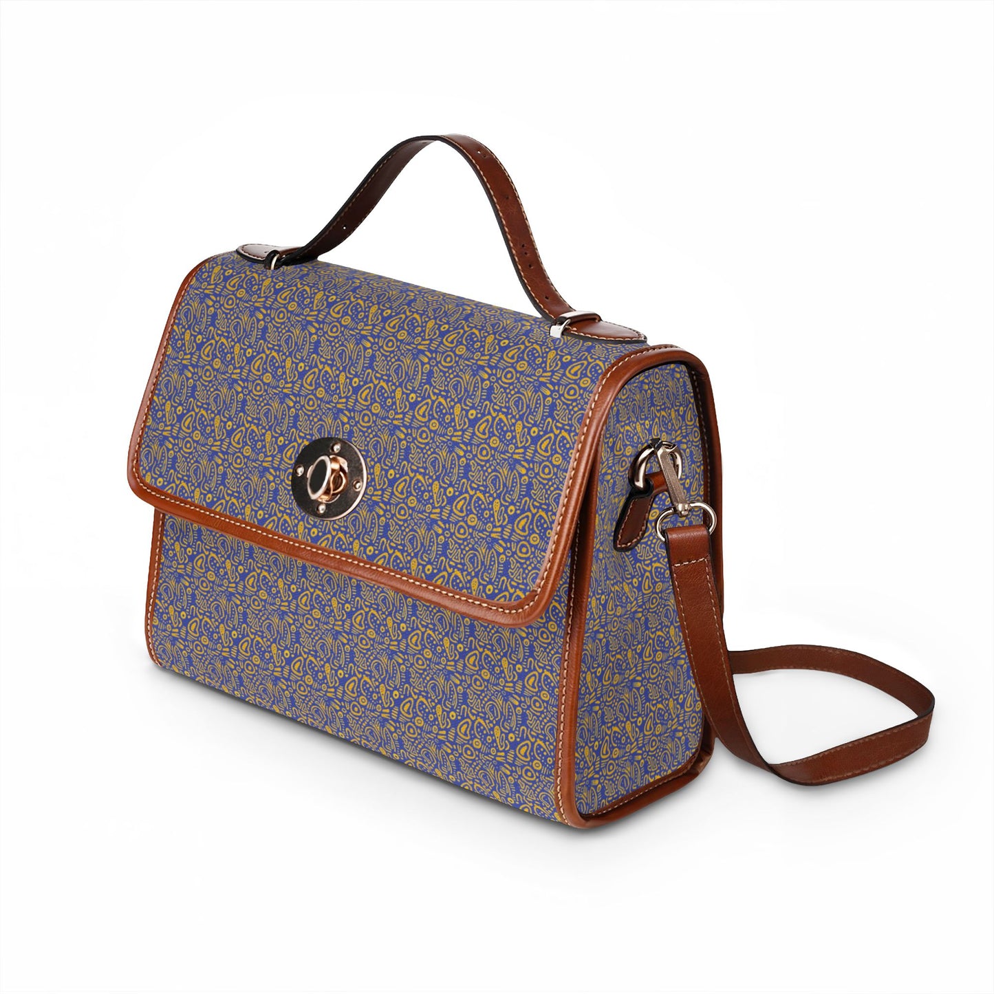 Waterproof Canvas Satchel Bag — Vintage Floral Pattern, Leather Trim