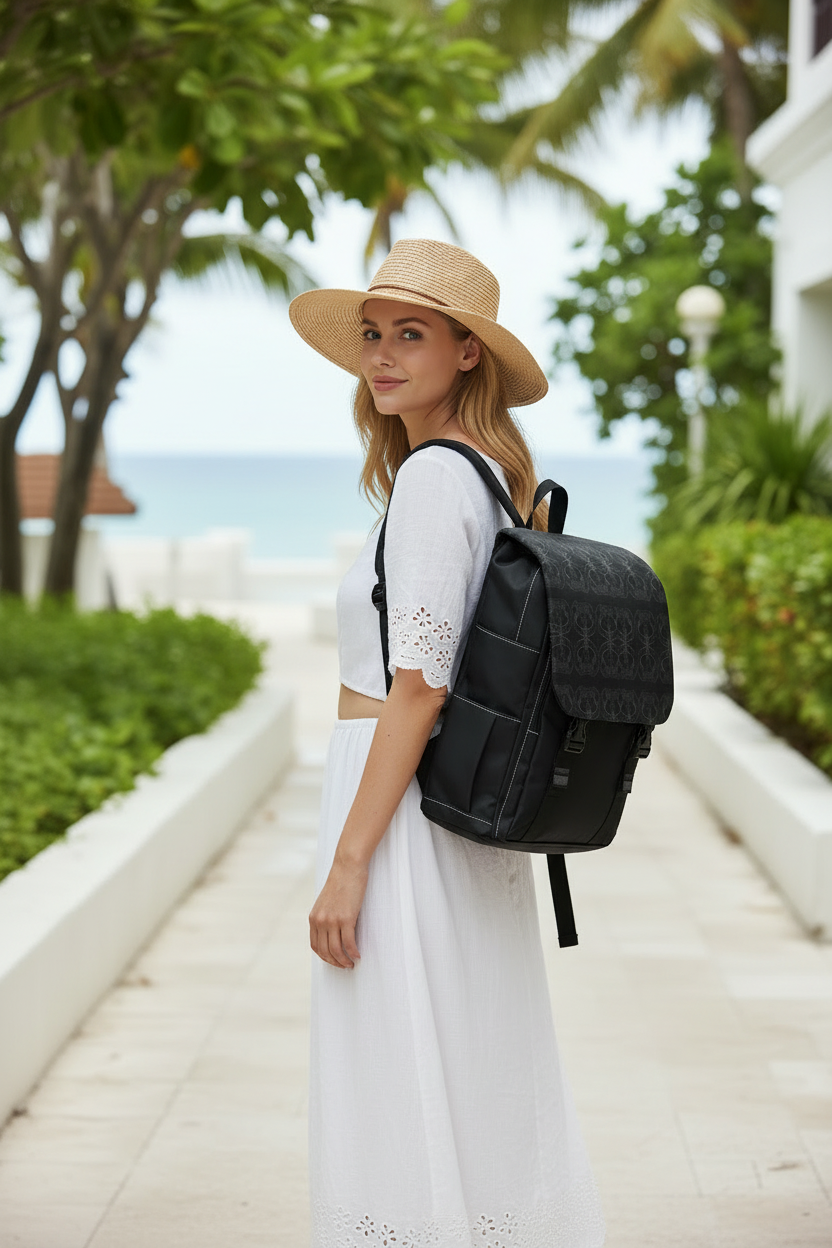 Black Patterned Casual Shoulder Backpack – Lightweight Everyday Daypack