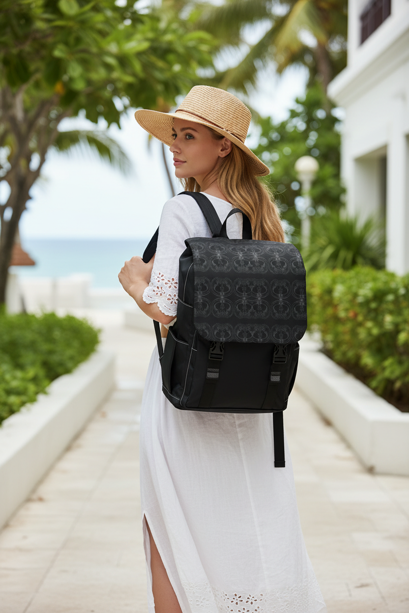 Black Patterned Casual Shoulder Backpack – Lightweight Everyday Daypack