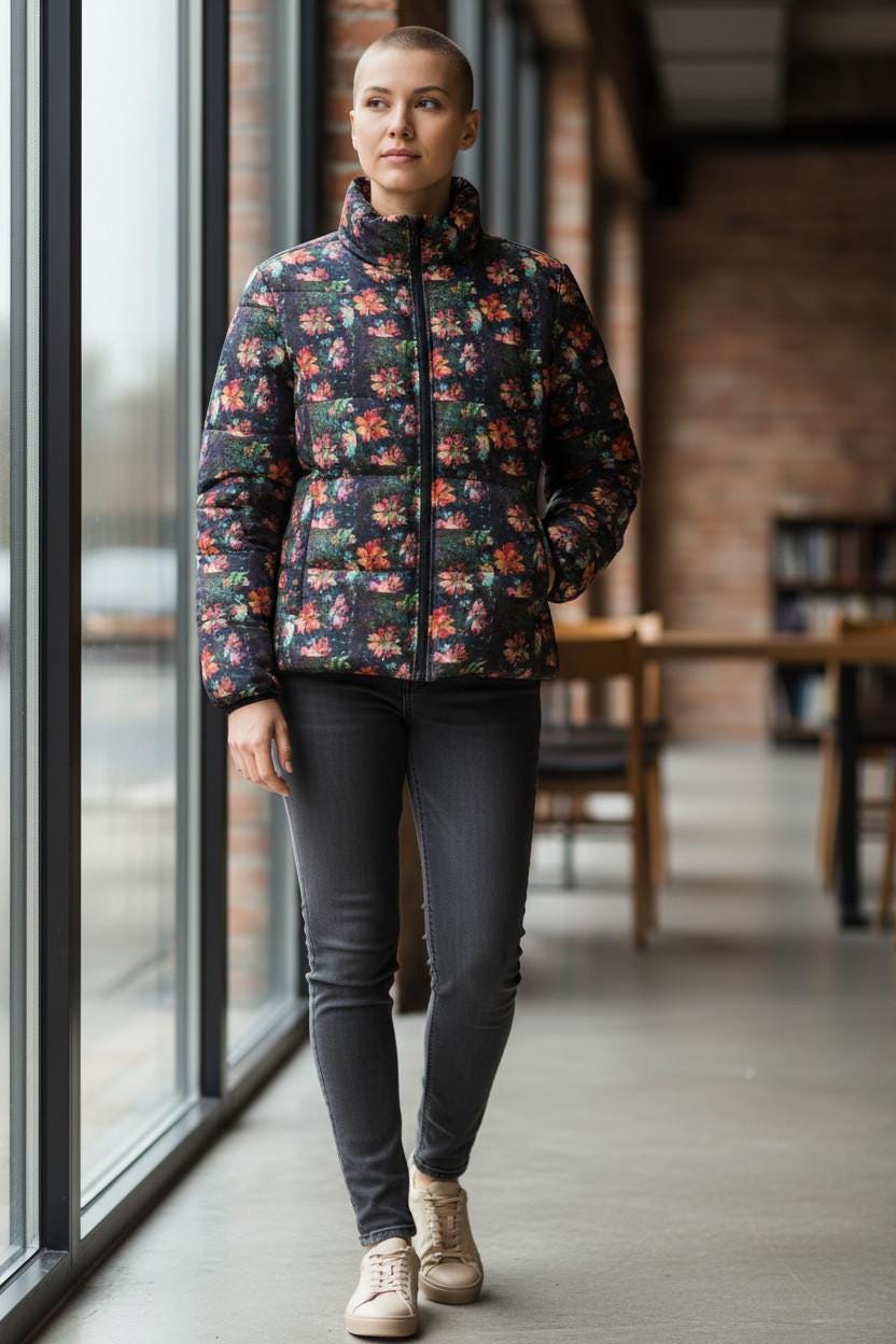 Floral Puffer Jacket, Womens Winter Warm Layer