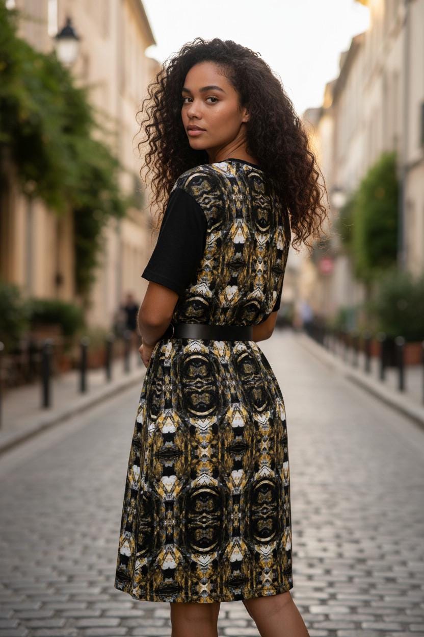 Black and Gold T-Shirt Dress: Oversized Short Sleeve Party Dress