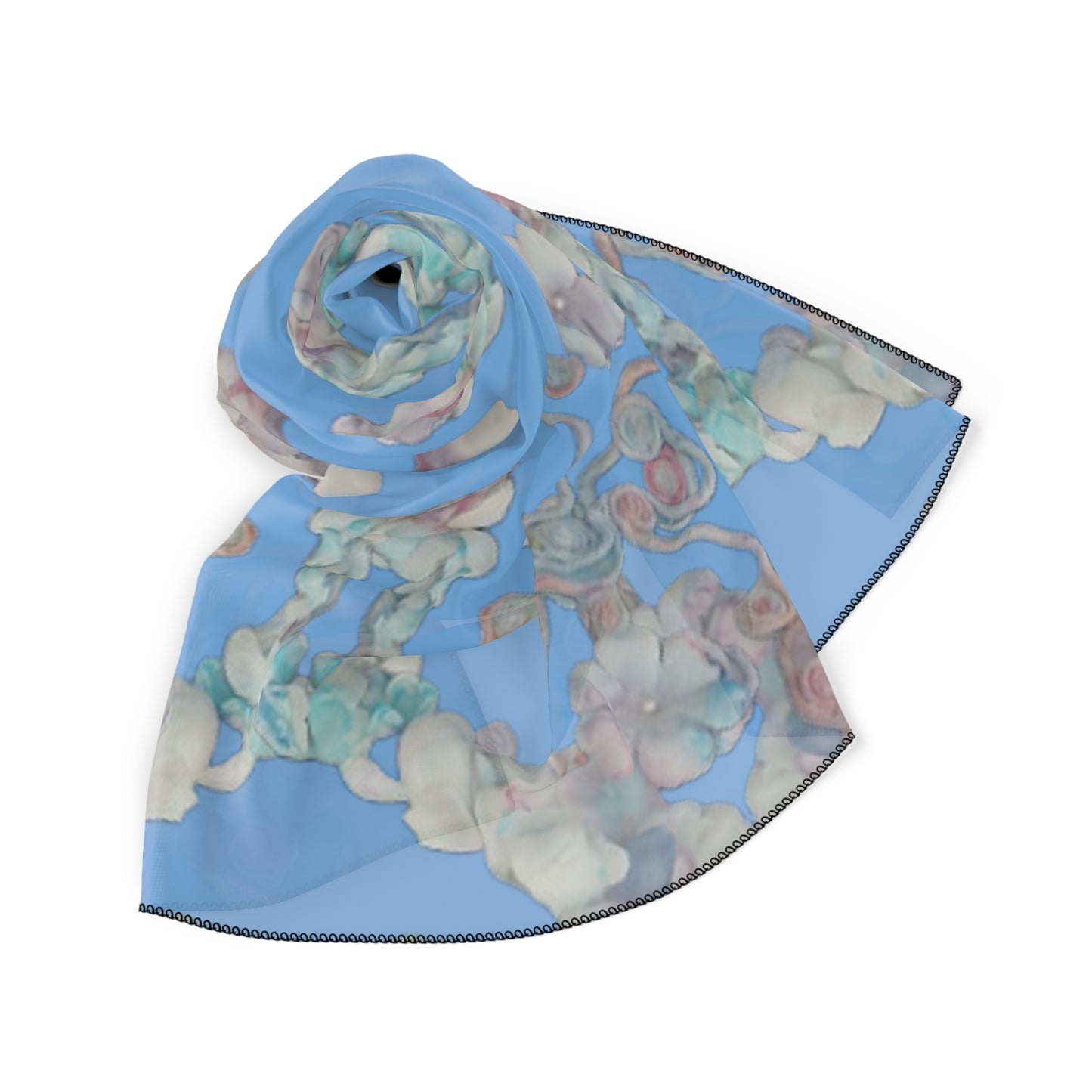 Floral Blue Silk-Feel Scarf — Romantic Vintage Blossom Print