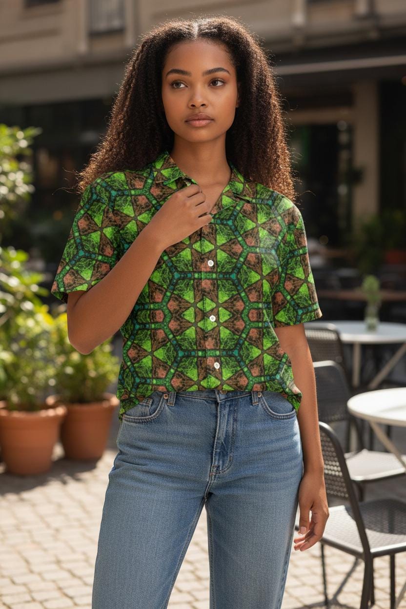 Green and Orange Button Shirt – Casual Vintage, Wrinkle-Free Comfort