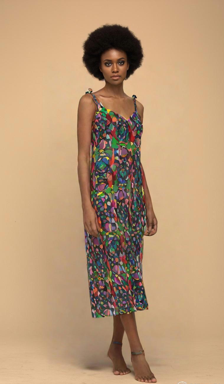 Tie-strap Vibrant Abstract Print Midi Dress | Colourful Sleeveless Summer Slip Dress | Artistic Boho Chic Sundress | Unique Women's