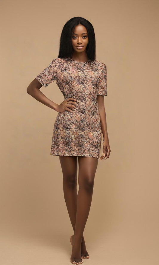 Boho Chic Abstract Print T-Shirt Dress | Earthy Tones Flowy Oversized Tee