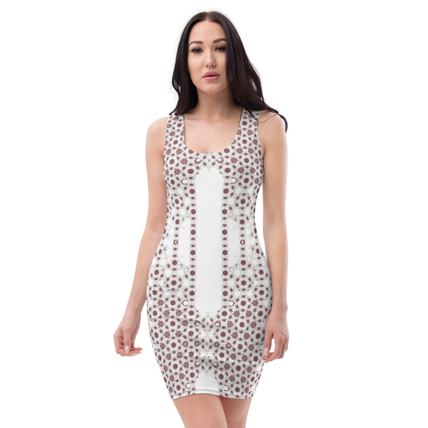 White & Bronze Bodycon Dress: Sleeveless Printed Summer Dress