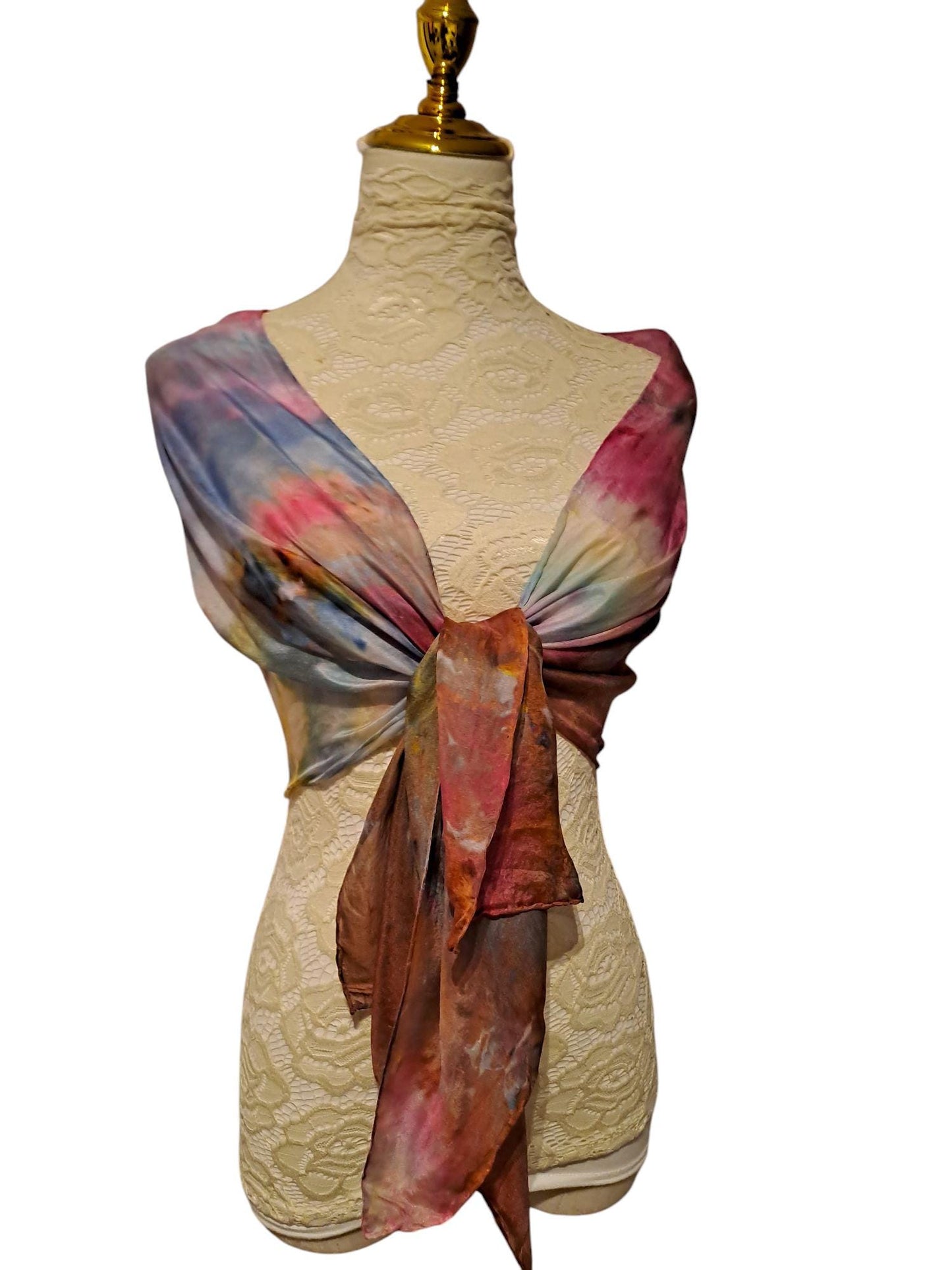 Ice-Dyed Long Scarf: Bronze & Blue Lightweight Soft Shawl