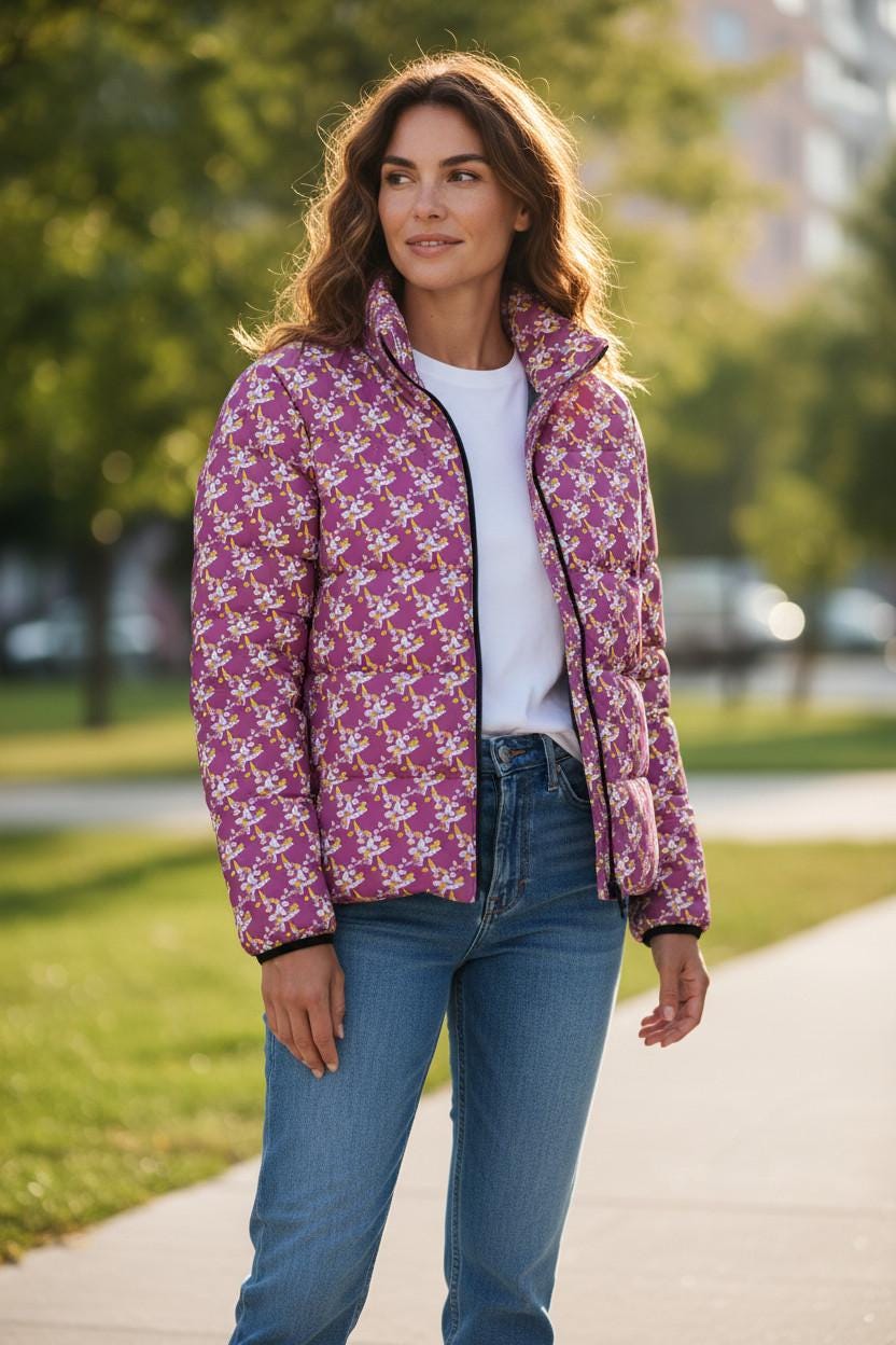 Pink Floral Pattern Puffer Jacket | All-Over Print
