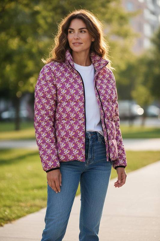 Pink Floral Pattern Puffer Jacket | All-Over Print