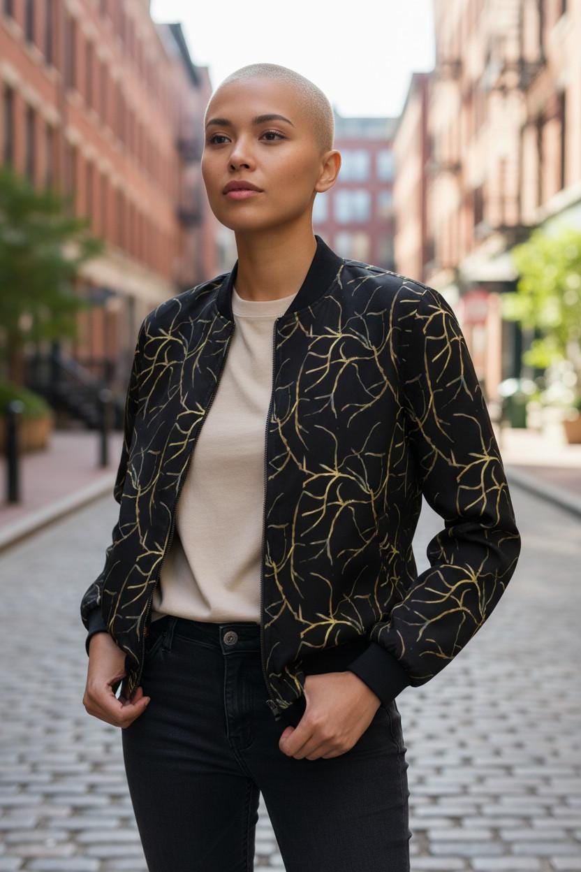 Plus Size Bomber Jacket: Black with Gold Geometric Print
