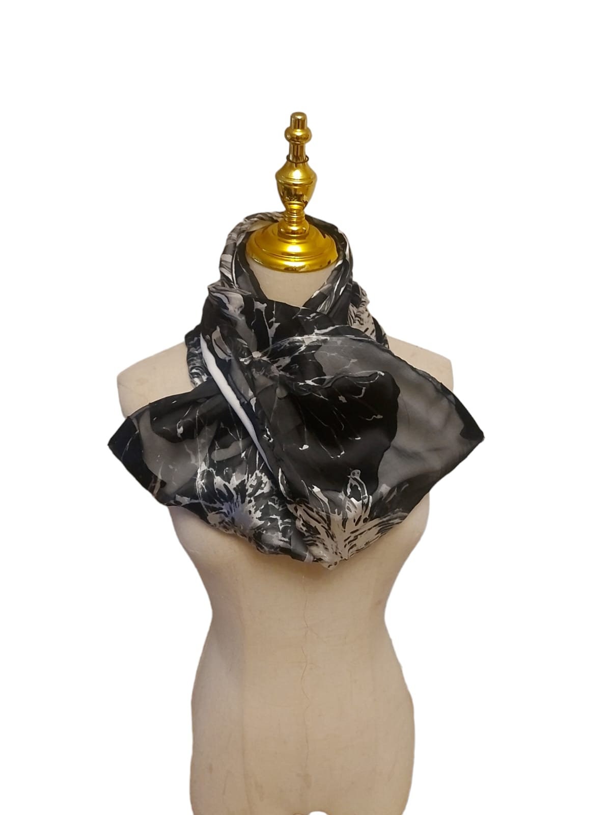 Floral Silver and Black Infinity Scarf: Sheered Jersey Scarf