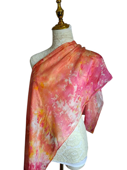 Pink and Gold Silk Scarf: Ice Dyed Handmade Shawl