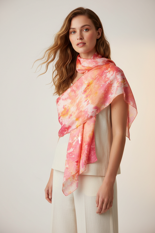 Pink and Gold Silk Scarf: Ice Dyed Handmade Shawl
