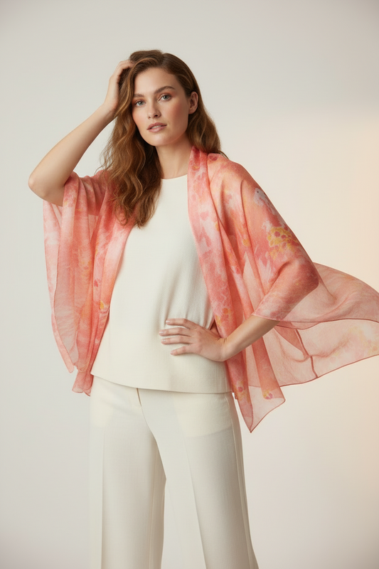 Pink and Gold Silk Scarf: Ice Dyed Handmade Shawl