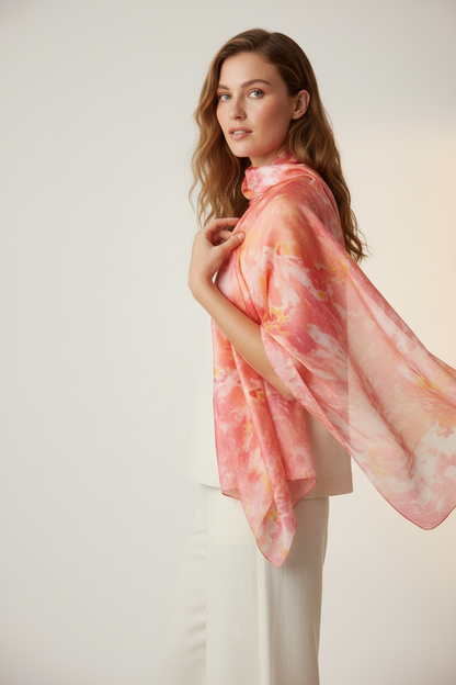 Pink and Gold Silk Scarf: Ice Dyed Handmade Shawl
