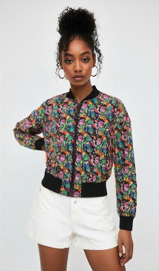Colorful Women's Bomber Jacket, Trendy Outerwear, Fashion Statement, Layering Piece, Casual Style