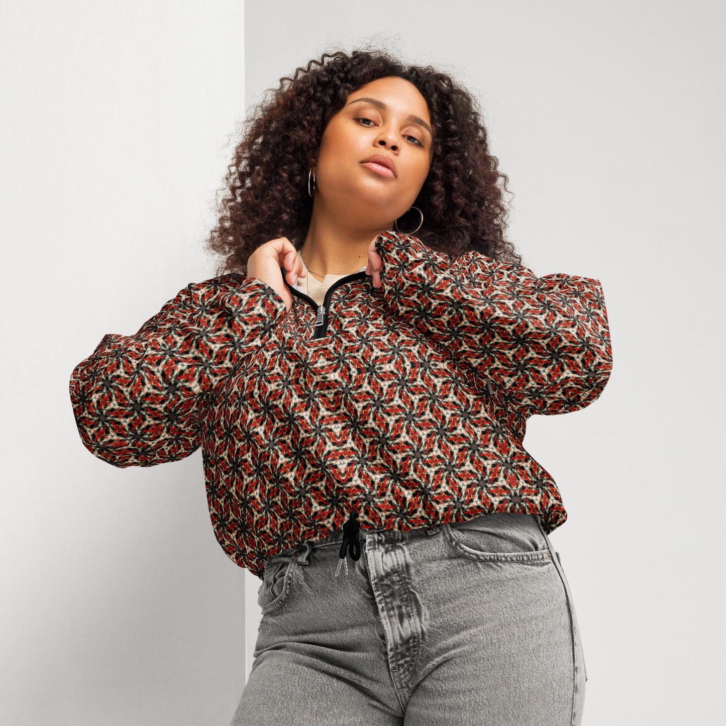 Geometric Pattern Cropped Windbreaker: Lightweight Spring Jacket