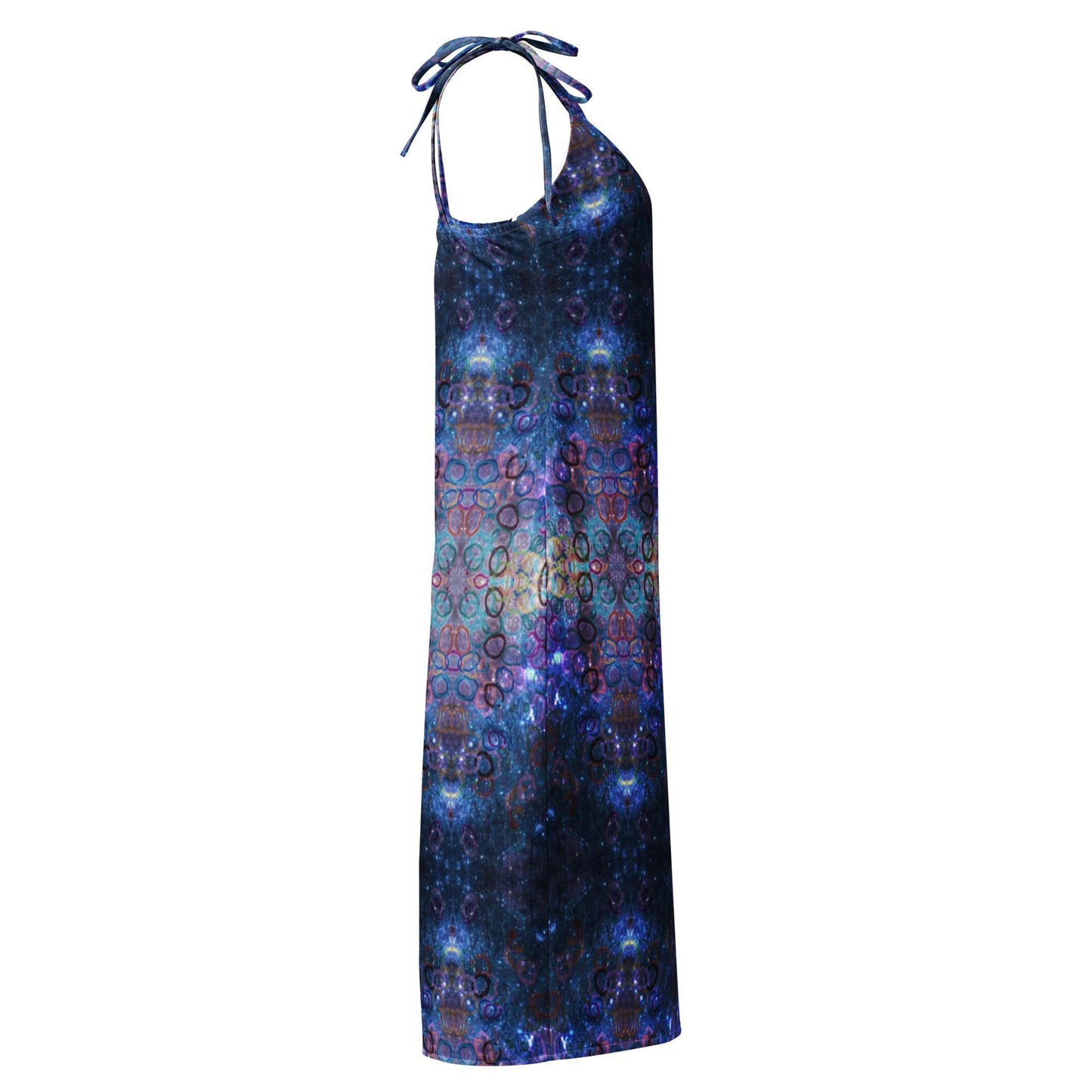 Galaxy Print Bodycon Midi Dress | Tie-Strap Polyester Chiffon