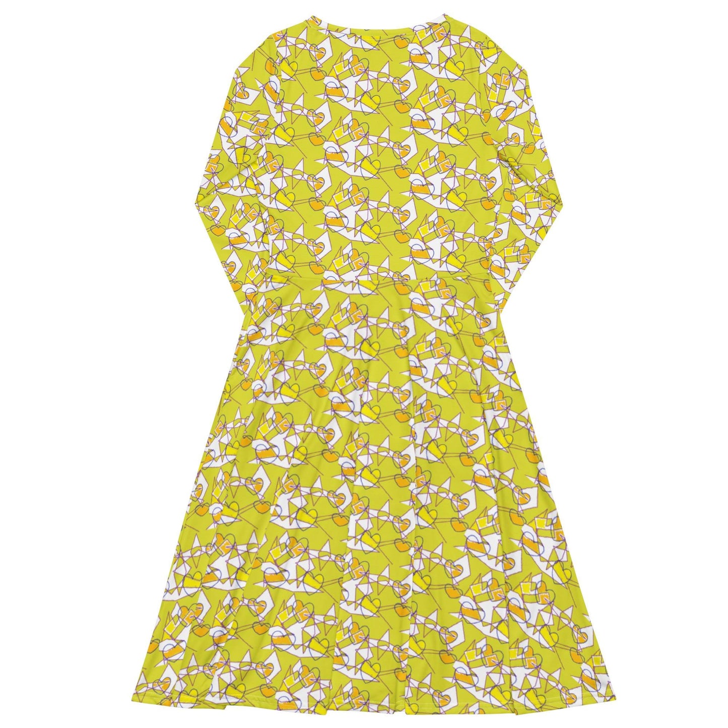 Bright Yellow Abstract A-Line Dress – Long Sleeve Midi with Pockets