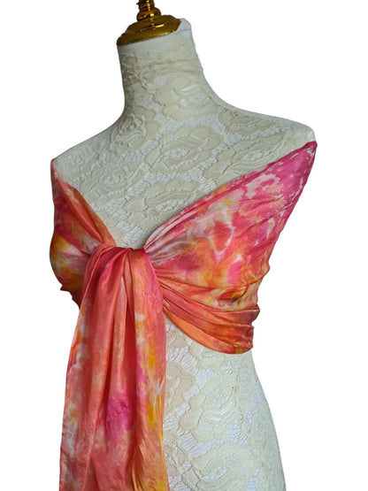 Pink and Gold Silk Scarf: Ice Dyed Handmade Shawl