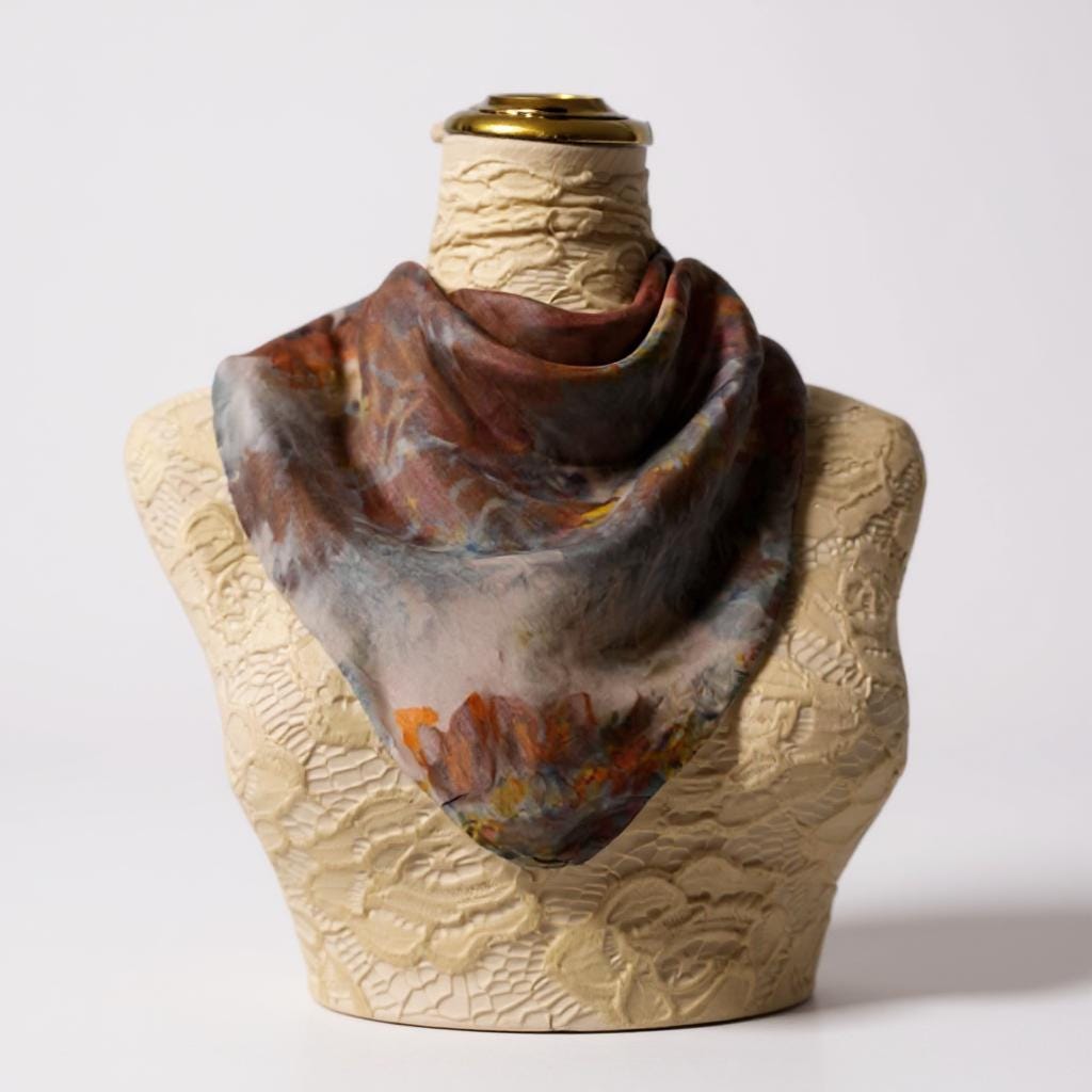 Ice-Dyed Silk Scarf: Handcrafted Bronze and Blue Luxury Accessory